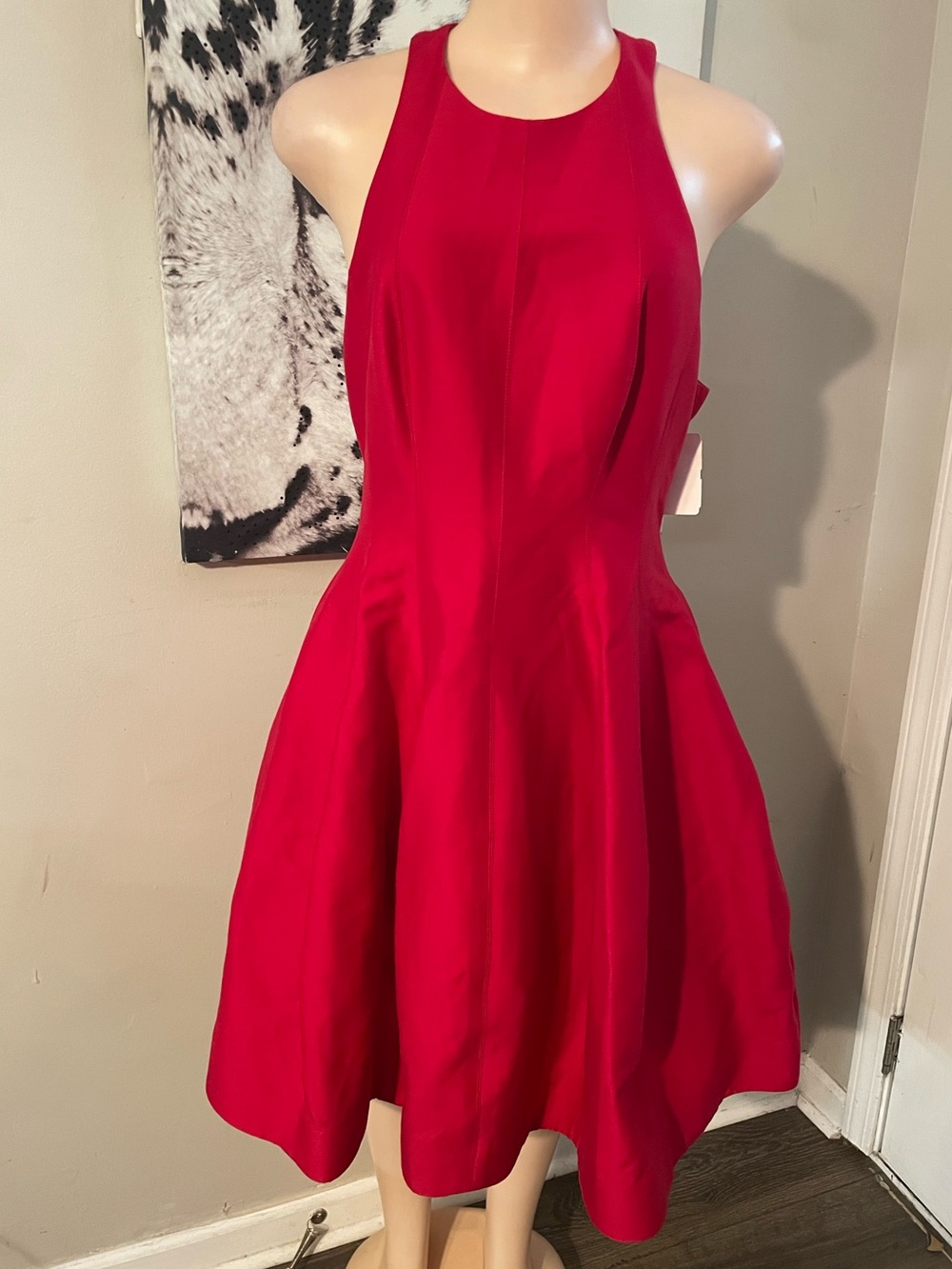 New Halston fit Flare structured Silk blend open back A Line Dress Holiday sz 12